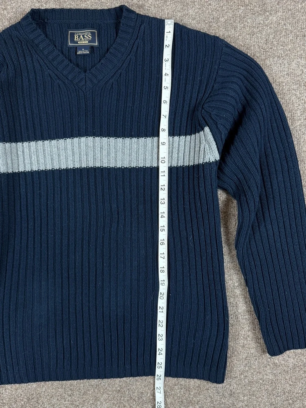 Vintage Navy Grey Chest Stripe Long Sleeve V-Neck Ribbed Sweater Men’s M 90s Y2K
